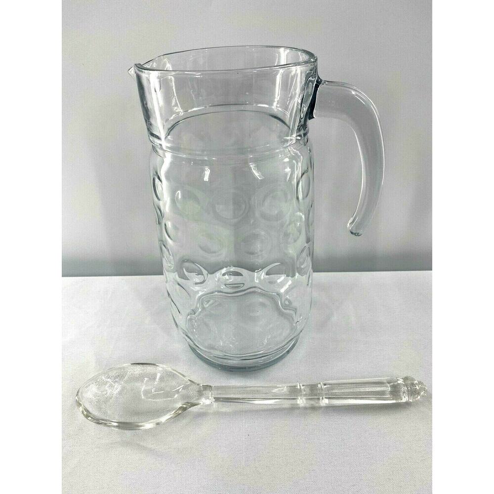 Vintage Mid Century Clear Bubble Glass Mixing Pitcher With Glass Stir Spoon